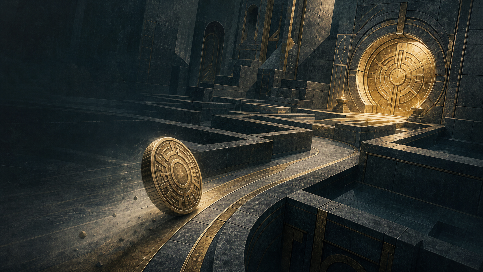 A large embossed coin rolling through a monumental stone and brass maze